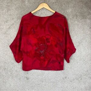 Chico’s Blouse Womens 0 Red Floral Rayon Pullover Lightweight 3/4 Sleeve- 4149